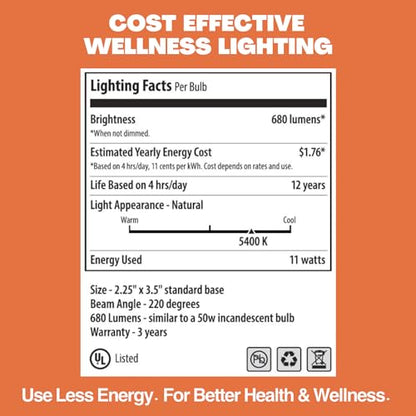 Norb NorbSMILE Full Spectrum Light Bulb | A19 LED Bulb & 11W 800 Lumens | 5000K Daylight White, CRI 96/97 & Dimmable E26 Base | Boosts Energy, Mood & Supports Circadian Rhythm | US Patented - style: Smile 11W (1 Pack)