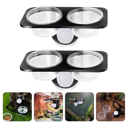 Cabilock 2pcs Reptile Feeding Bowl with Suction Cup, Dual-Compartment Water and Food Dish for Lizards and Geckos, Black Plastic Terrarium Feeder for Crawling Pets