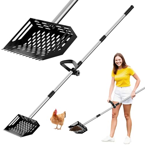 2-in-1 Chicken Poop Scooper & Rake with Grip, Adjustable Handle 24" to 66" | 10" Wide Metal Sand Sifting Shovel, Chicken Pooper Scooper for Poop Shavings, Litter Scooper for Chicken Coop Accessories