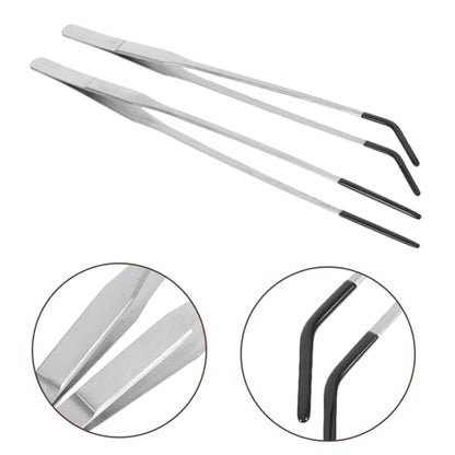 Uonlytech 2pcs Stainless Steel Feeding Tongs with Curved Rubber Tips for Safe Reptile Feeding Long Tweezers for Snakes Geckos and Terrarium Supplies