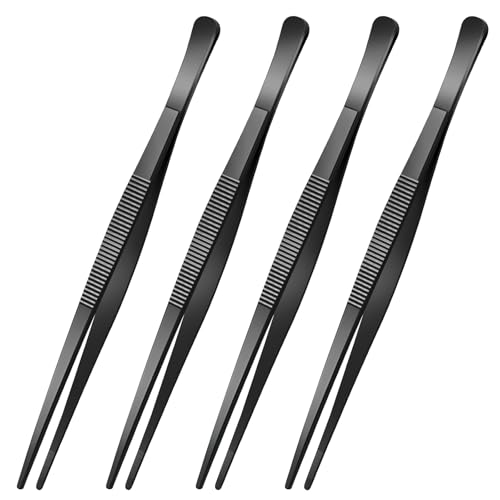 Yaomiao 4 Packs 12 Inch Bar Tweezers Black Cocktail Tongs Long Garnish Tweezers Stainless Steel Bartender Kitchen Cooking Tongs for Cocktail Food Fruit Korean BBQ Bartender Chef, Multi-use - color: Black, size: 12 Inch