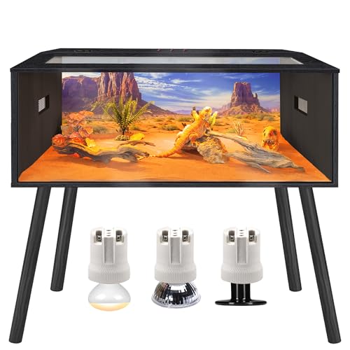 Prolee 80 Gallon Reptile Tank, Tempered Glass Bearded Dragon Tank with Wooden Roof and Lockable Doors, Large Lizard Habitat with Built-in Lamp Fixture for Snakes, Iguanas, Chameleons (Black) - color: Black, size: 80 gallons,48x20x20 inch