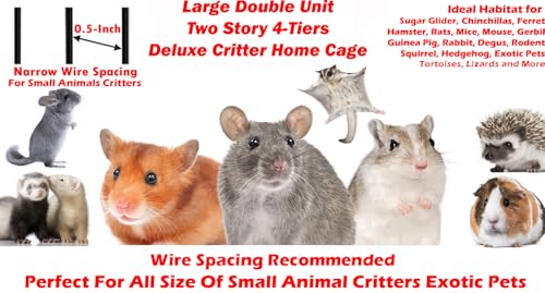 Large Two Full Story Deluxe Double Unit 4-Tiers Tight 1/2-Inch Bar Spacing Durable Front Doors Water Bottle Food Bowl for Feisty Ferret Squirrel Hammock Rat Gerbil Small Animal Critter Rolling Cage