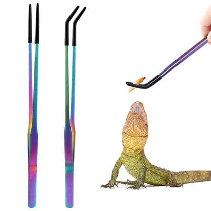 OLIISS Stainless Steel Reptile Feeding Tongs with Rubber Tip - 10.6" Straight & Curved Tweezers for Aquariums & Crafts - Feeder Tools for Bearded Dragons & Lizards - Terrarium Tank Supplies - 2 Pack - size: 10.6 Inch