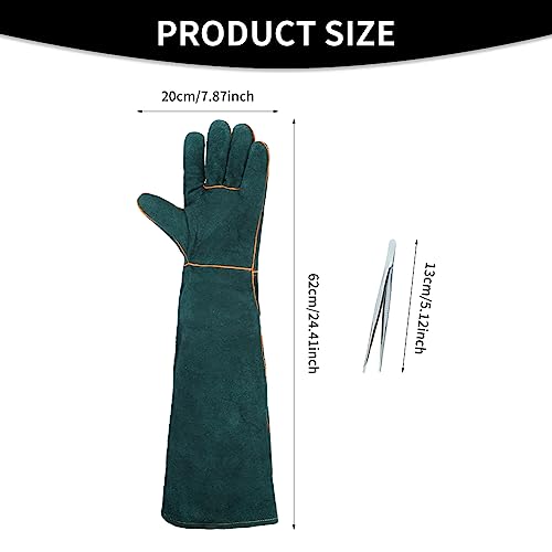 1 Pair Animal Handling Gloves Bite Proof,Leather Welding Gloves,24.4in Reinforced Leather Gloves with 2 Tweezers for Dog Training,Cat,Falcon,Reptile(Blue)
