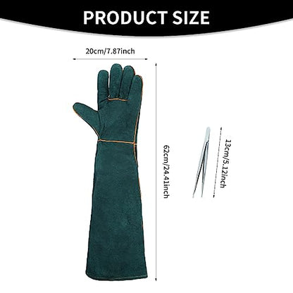 1 Pair Animal Handling Gloves Bite Proof,Leather Welding Gloves,24.4in Reinforced Leather Gloves with 2 Tweezers for Dog Training,Cat,Falcon,Reptile(Blue)