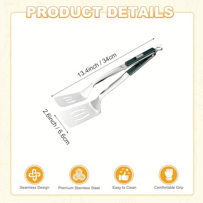M METERXITY Spatula Tongs, 13.4 Inch 304 Stainless Steel Anti-Scald Extended Serrated Multifunctional Flipper Grill Clamp for Cooking/Barbecue, Kitchen Cooking Tong [Green Handle, Silver Tone] - color: Green Handle, Silver Tone