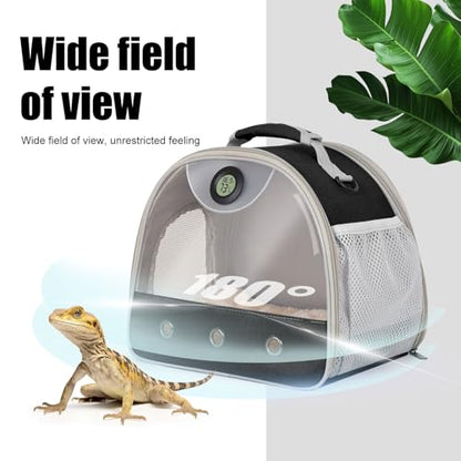 Bearded Dragon Travel Backpack Carrier with Reptile Thermometer and Humidity Gauge Lizard Travel Cage Space Capsule Clear Bubble Window Astronaut Reptile Bag for Ball Python (Black, Carrier+I LSH) - color: Black, size: Carrier+I LSH