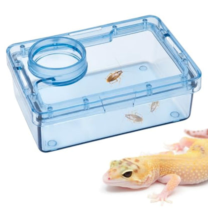 Reptile Anti-Escape Feeder, Transparent Blue Live Food Feeding Dish with Water Bowl, Escape Proof Feeding Container for Lizard Gecko Bearded Dragon Chameleon Spider Hermit Crab