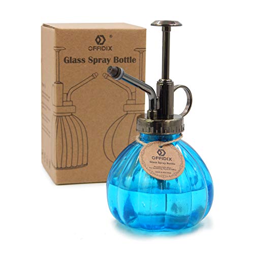 OFFIDIX Glass Watering Spray Bottle, 6.3" Tall Vintage Style with Bronze Plastic Top Pump One Hand Watering Can Spray Bottle (Light Blue) - color: F-Light Blue