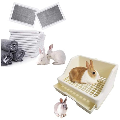 kathson 50PCS Rabbit Pee Pads Disposable and Rabbit Litter Box with Drawer All Absorb Black Carbon Odor Control Quick-Dry Surface for Puppy Guinea Pig Kitten Hedgehog Small Animals