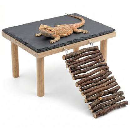 Bearded Dragon Basking Platform, Natural Slate Reptile Basking Rock with Wooden Climbing Ramp, Terrarium Habitat Decor for Lizard, Leopard Gecko, Tortoise, Snake (Medium) - size: Medium