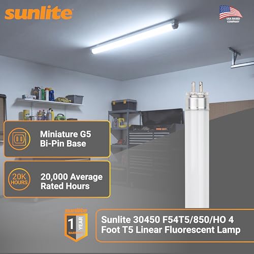 Sunlite 30450 F54T5/865/HO 4 Foot T5 Linear Fluorescent Lamp, 54 Watts, 5000 Lumens, 6500K Daylight, Miniature G5 Bi-Pin Base, ROHS Compliant, High Performance Straight Tube, 40 Pack - color: 6500k, style: 54 watts (45.80-Inch)