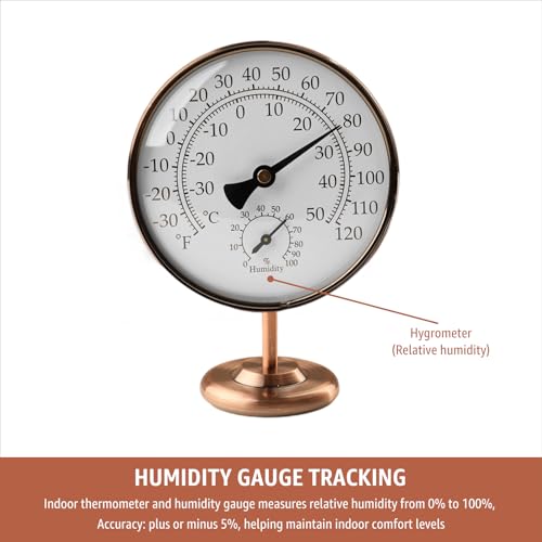 4-Inch Indoor Thermometer and Humidity Gauge, Room Analog Temperature and Humidity Monitor, Dual Scale Display, Brass Dial with Stand, Battery-Free for House, Home, Desk, Bedroom, Garage, RV