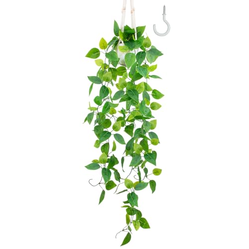 LOYWREE 1 Pack Artificial Hanging Plant Kit with Pot and Hanger - 39" Long Fake Pothos Vines - Hanging Potted Faux Plant Indoor for Wall Ceiling Bedroom Bathroom Living Room Home Decor (White Pot) - color: Pothos With Hanger, size: 1Pack