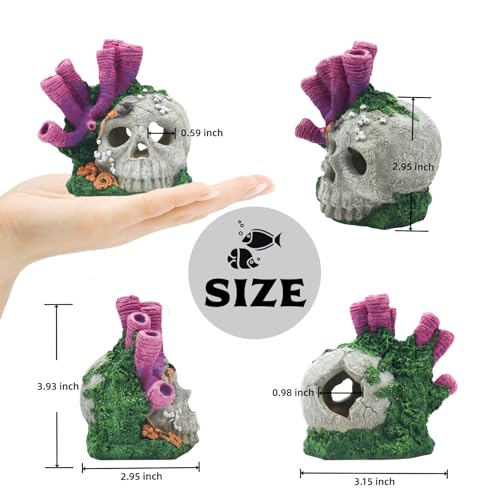 Skull Aquarium Hideout with Coral – Betta Fish Tank Decorations, Shrimp Cave & Small Fish Hideaway, Resin Underwater Skull Decor for Freshwater Aquarium