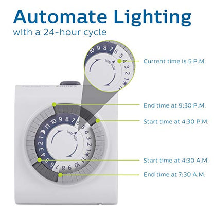Philips 24-Hour Indoor Mechanical Outlet Timer, 2 Polarized Timer Outlets, 30-Minute Intervals Light Timеr, ON/OFF Daily Cycle Plug Timer, Lamp Timer Push Pins, Override Switch, White, SPC1237AT/27