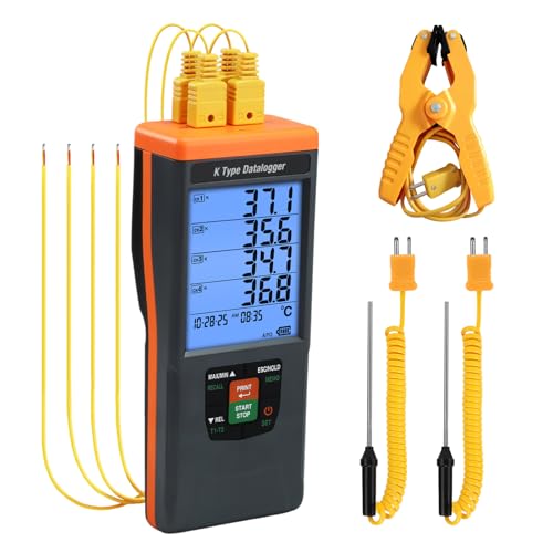 Data Logger Thermometer, Digital 4 Channel K Type Temperature Clamp (-328~2498℉),HVAC Thermometer Tester with 48,000 Groups Data Records,Audible/Visual Alarm - color: Yellow