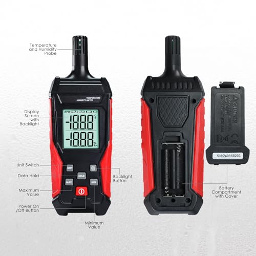 Humidity Temperature Meter, High Precision Digital Psychrometer HVAC with Ambient Temperature Handheld Hygrometer Moisture Meter w/Data Hold, Min/Max, 4 Digits Display Backlit for Outdoor Indoor Use