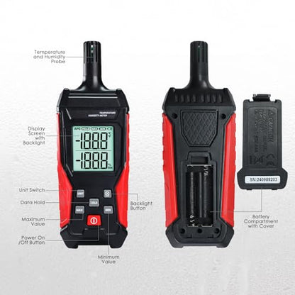 Humidity Temperature Meter, High Precision Digital Psychrometer HVAC with Ambient Temperature Handheld Hygrometer Moisture Meter w/Data Hold, Min/Max, 4 Digits Display Backlit for Outdoor Indoor Use