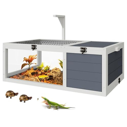 Turtle Habitat Enclosure, Large Wooden Tortoise House for Indoor and Outdoor Use, Reptile Enclosure with Openable Roof & Secure Locking System (White)