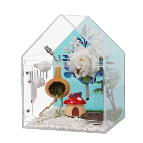 Magnetic Acrylic Spider Enclosure 5.3x5.3x7.3 Inch, House Shape Terrarium with Blue or Purple Background for Jumping Spiders, Tarantula Slings & Mantis, Escape-Proof Habitat (Blue)
