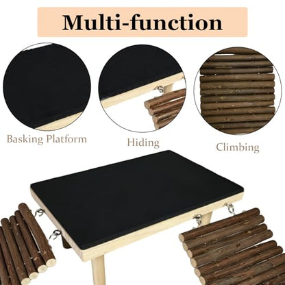 Wooden Bearded Dragon Platform Reptile Basking Platform Climbing with Slate Stone Tank Accessories for Leopard Gecko Lizard Tortoise Snake (Small Applewood) - size: Small(B)