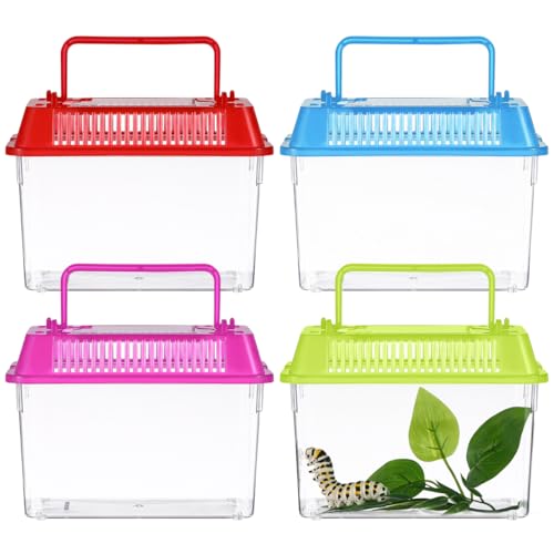 YARNOW Portable Fish Tank 4 Pack with Handle, Mini Plastic Terrarium Carrier, Clear Small Pet Transport Container for Turtles, Frogs, Small Fish, Lizards and Hamsters, Assorted Colors