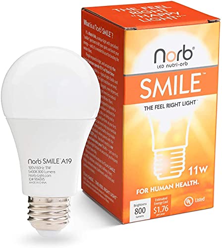 Norb NorbSMILE Full Spectrum Light Bulb | A19 LED Bulb & 11W 800 Lumens | 5000K Daylight White, CRI 96/97 & Dimmable E26 Base | Boosts Energy, Mood & Supports Circadian Rhythm | US Patented - style: Smile 11W (1 Pack)