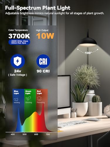 GLOWRIUM Smart Grow Lights for Indoor Plants,10W Full Spectrum Plant Lights with Bluetooth App Control, 360° Flexible Gooseneck Grow Lamp, Auto Timer 3/9/12Hrs, 10 Brightness for Small Plants, Black - color: Black