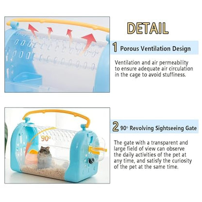 kathson Portable Hamster Cage Dwarf Hamster Carry Travel Cage with Water Bottle Food Bowl Adjustable Strap Pet Outgoing Cage for Gerbil Hedgehog Mice Squirrel - color: Hamster Carriers Blue