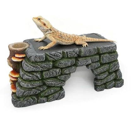 3 in 1 Bearded Dragon Basking Platform, Reptile Habitat Cave Hideout with Food Bowl, Aquarium & Terrarium Decor Accessories for Lizard Snake Gecko Turtle