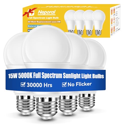 Upgraded 15W Full Spectrum Light Bulb for Home, 5000K UV-Free Natural Sunlight Bulbs, 15W 100W Equivalent LED Light Bulb, CRI 90+, No Flicker,1200Lumen Sunlight Lamp for Office&Indoor Use, 4PK - color: 5000k Daylight, size: 4 Count (Pack of 1)