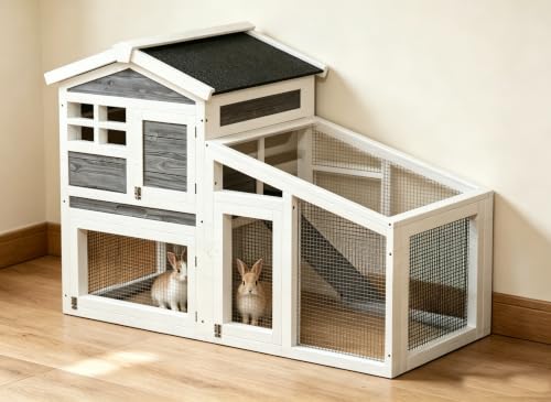 GarveeLife Rabbit Cage, Outdoor Weatherproof Bunny House Wooden, Indoor Bunny Cage with Run, Rabbit Hutch with Removable Tray, Grid Fences, Ramp 53.15" L x 23.62W 37.8" H Gray - color: Gray