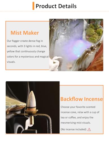Tabletop Water Fountains Indoor Waterfall Fountain with Mist LED Light Feng Shui Wealth Desk Fountain with Backflow Incense Holder Zen Decor for Meditation (Crane) | Tabletop Water Fountains with Backflow Incense Holder, Indoor Meditation Water Feature fo