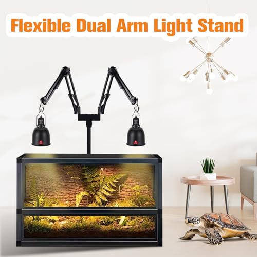 DXOPHIEX Dual Reptile Lamp Stand Reptile Light Stand with Two Flexible Brackets, Height Adjustable (15.7 inch to 74.3 inch) for Hanging Heat Lamp Holder and Light Fixture