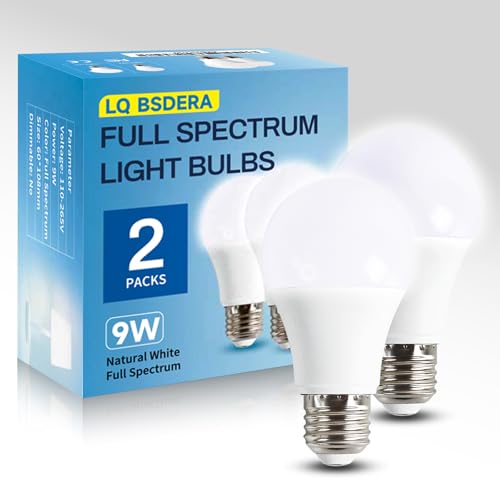 2PK Full Spectrum Light Bulbs, 9W, 6000K Natural Light that Mimic Sunlight, Boosts Mood, Energy, Focus, A19, Sunlike Happy Light Bulbs with E26/27 Base for Most Lamps - size: 2PK