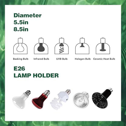 Reptile Light Fixture 8.5 Inch Deep Dome Lampshade, Reptile Heat Lamp Fixture with Separate Switches Fit for UVB Bulb Basking Heat Bulb for Reptile Glass Terrariums - size: 8.5