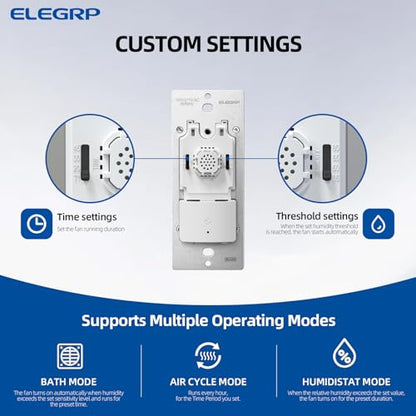 ELEGRP Humidity Sensor Switch for Exhaust Fan, Bathroom Moisture Control, Automate Ventilation, Air Circulation, Ground Wire Required, Single Pole, White, 1 Pack - style: Fan Control Only