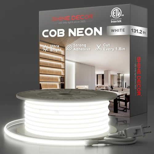 Shine Decor COB LED Rope Light AC 120V, 800lm Ultra Bright, IP65 Waterproof Cold-Resistant ETL Neon Strip, No Driver Tape Lighting for Home Commercial 10x4.5mm, 6000K Cool White, 131.2ft - color: 6000K Cool White, size: 131.2 ft