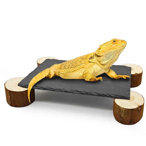 Bearded Dragon Basking Platform,Reptile Basking Platform Slate Rocks with Wooden Pile,Leopard Gecko Hides and Caves Climbing Tank Accessories for Lizards Snakes Tortoise Ball Python(Large)