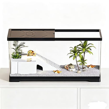 Aquatic Turtle Fish Tank 24" x 10" x 11", 11 Gallon Reptile Terrarium with Basking Platform & Bottom Drainage, PC Material Habitat Enclosure for Juvenile Turtle, Crayfish, Crab, Amphibian - size: 24" x 10" x 11"