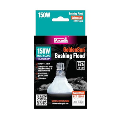 Arcadia Golden Sun Basking Flood Lamp 150W – Wide Beam Infrared Reptile Heat Lamp Bulb for Bearded Dragons, Tortoises, Iguanas and Turtle Tanks, Long Lasting Easy to Use Indoor Heat Bulb for Reptiles