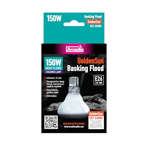 Arcadia Golden Sun Basking Flood Lamp 150W – Wide Beam Infrared Reptile Heat Lamp Bulb for Bearded Dragons, Tortoises, Iguanas and Turtle Tanks, Long Lasting Easy to Use Indoor Heat Bulb for Reptiles