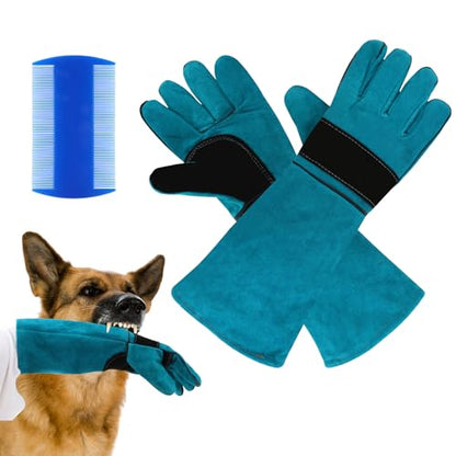 Bite Proof Animal Handling Gloves, Cat Gloves Pet Leather Glove Cat Scratch with Pet Comb, Multipurpose for Rose Pruning, Gardening, Pets Grooming