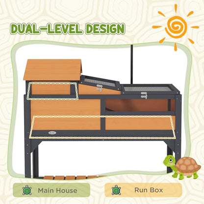 PawHut Tortoise Habitat with Adjustable Lamp Holder, 2 Layer Tortoise Enclosure with Storage Shelf, Removable Main House, Fixed Tray, Openable Lid, Yellow - color: Yellow