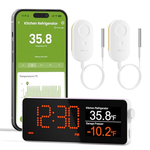 MOCREO WiFi Freezer Thermometer Alarm with Digital Monitor Hub, App and Email Alerts, 2-Year Data Export, No Subscription Fee, 2 Remote Temperature Sensors for Home Refrigerator, Fridge, Freezer - style: 1 LCD Hub + 2 Sensors