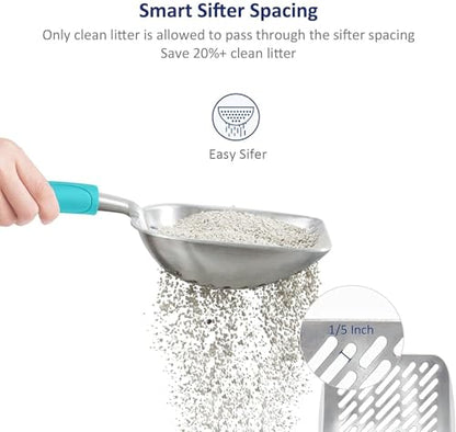 WePet Cat Litter Scoop, Aluminum Alloy Sifter, Kitty Metal Scooper, Deep Shovel with Diagonal Sifting Hole, Long Handle, Kitten Poop Lifter for Litter Box, Medium Size, Green Handle - color: #03 Green, size: Medium
