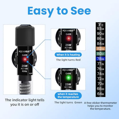 AQUANEAT Aquarium Heater, 25W Small Betta Fish Tank Heater, Mini Preset Water Thermostat with a Thermometer - size: 25W