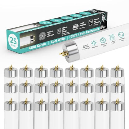 GoodBulb 25 Pack F32T8/841/ECO 32W 48 Inch T8 Fluorescent Light Bulb 4100K Cool White Light Color, Medium Bi-Pin Base 3050 Lumens 86 CRI 24000 Life Hours Instant/Programmed Start - color: 4100k